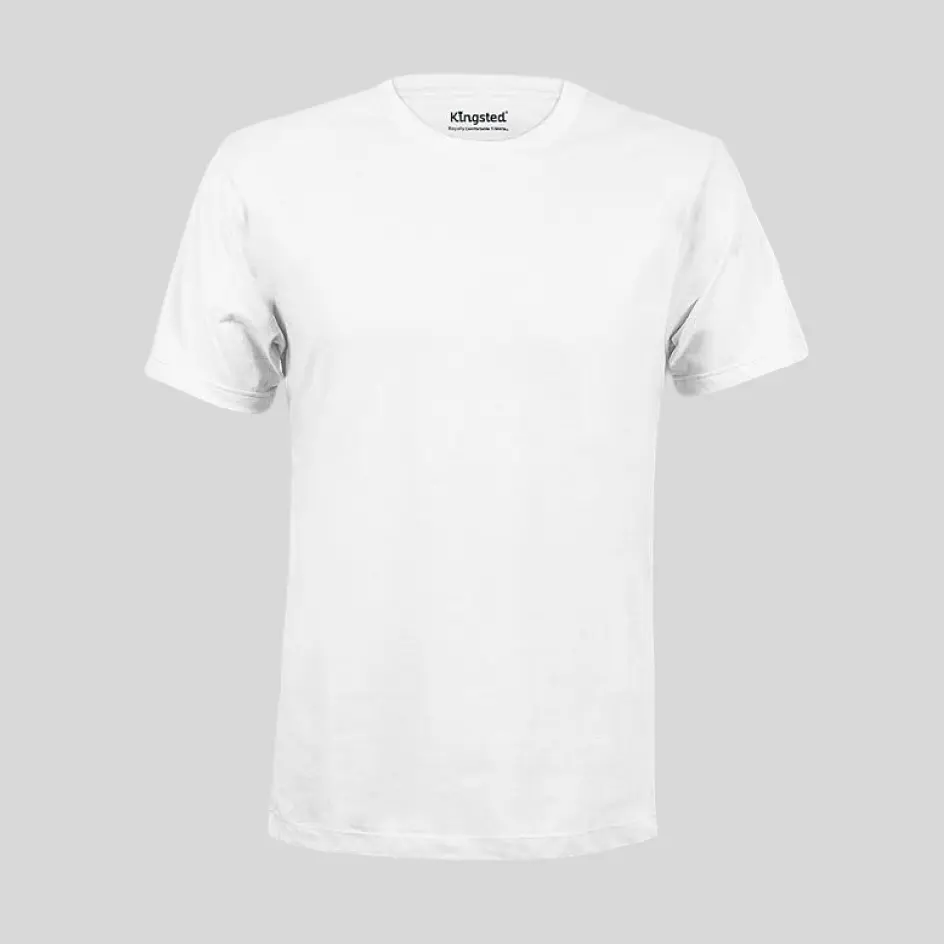 Crisp white classic round neck t-shirt, a timeless wardrobe essential.