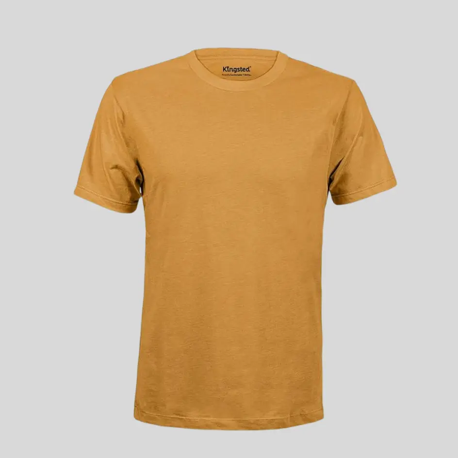 Warm mustard classic round neck t-shirt, adding a vintage-inspired touch.