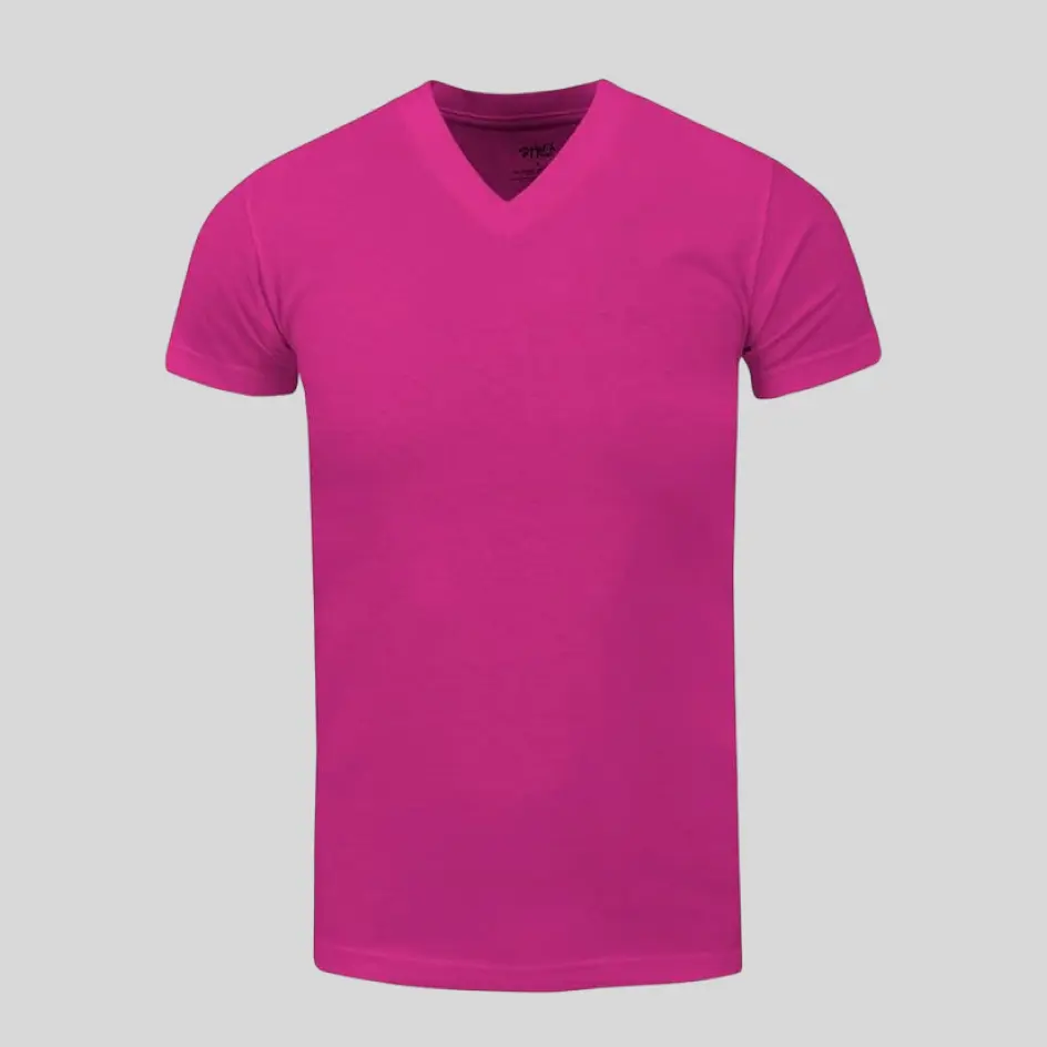 Eye-catching hot pink deep V-neck t-shirt, making a statement with a bold and playful touch.