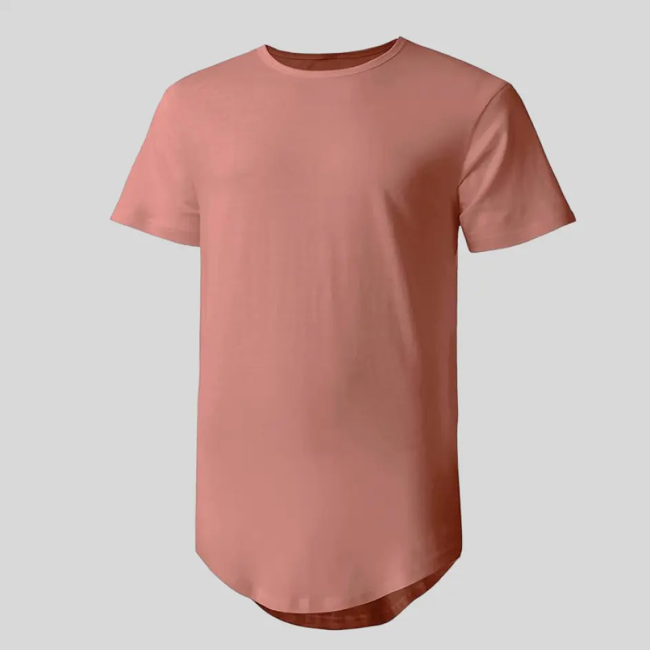 Elegant dusty rose long bottom curved hem t-shirt, adding a subtle and stylish flair.