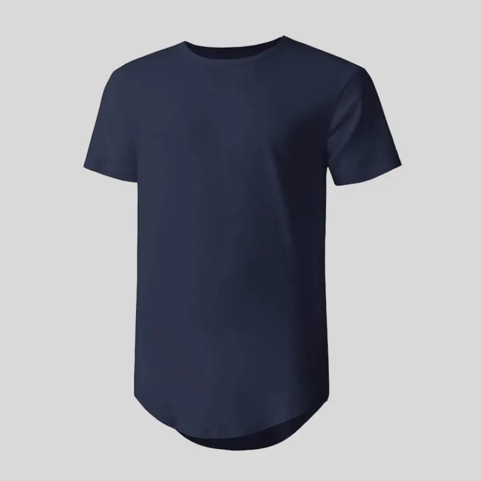 Classic navy long bottom curved hem t-shirt for a refined and modern aesthetic.