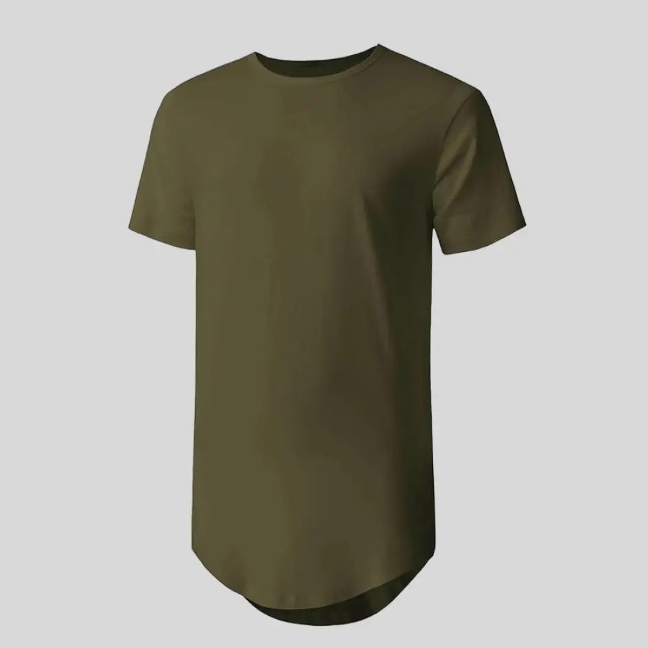 Military green long bottom curved hem t-shirt, perfect for a rugged yet fashionable vibe.