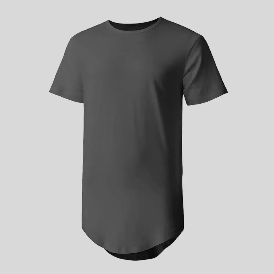 Charcoal long bottom curved hem t-shirt offering a sophisticated and edgy appearance.