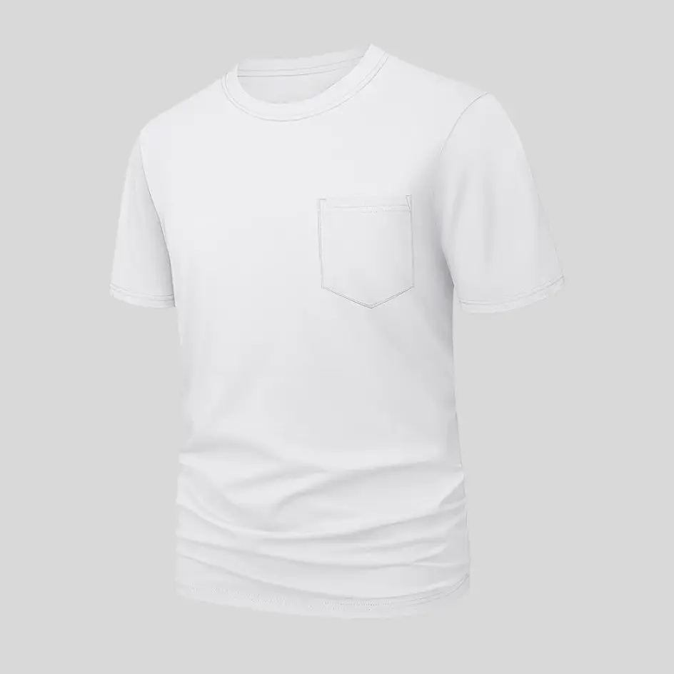 Crisp white pocket jersey tee, a versatile wardrobe staple.