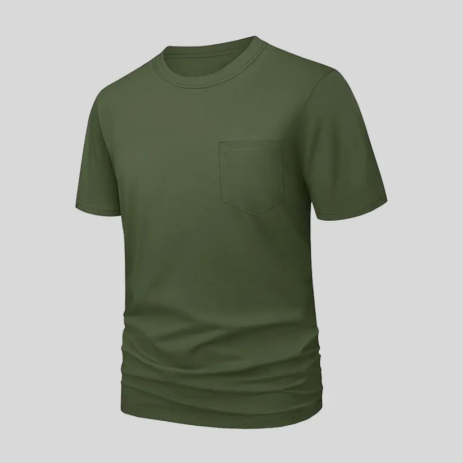 Rugged army green pocket jersey tee, perfect for an edgy, outdoorsy look.