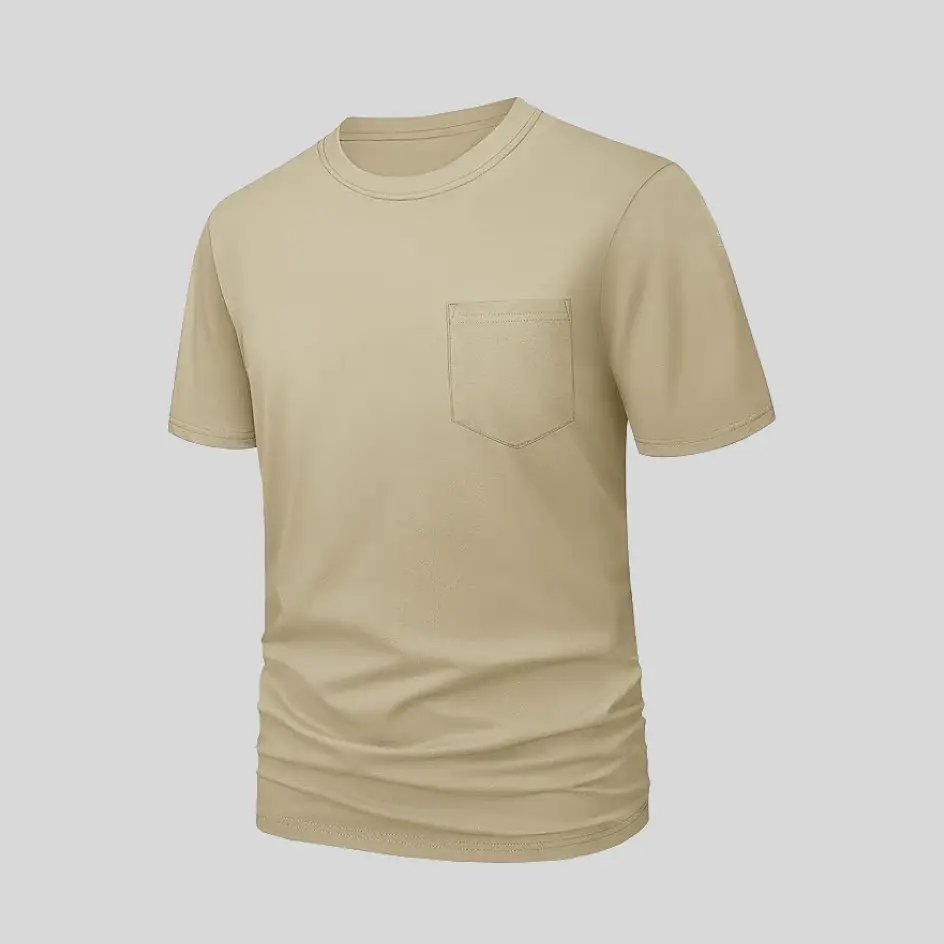 Neutral khaki pocket jersey tee for an effortlessly stylish and earthy tone.