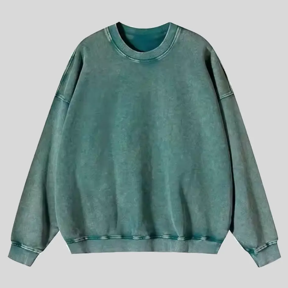 A vintage-inspired acid wash sweatshirt with a faded, textured look.