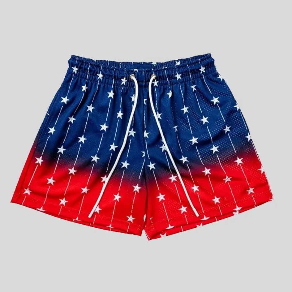 Sporty reflective print shorts that illuminate under direct light, perfect for nighttime visibility and style.