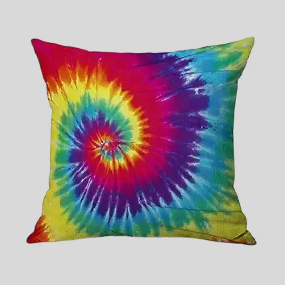 A vibrant multi-colored pillow featuring an array of bold hues, perfect for adding a playful and dynamic accent to any room.