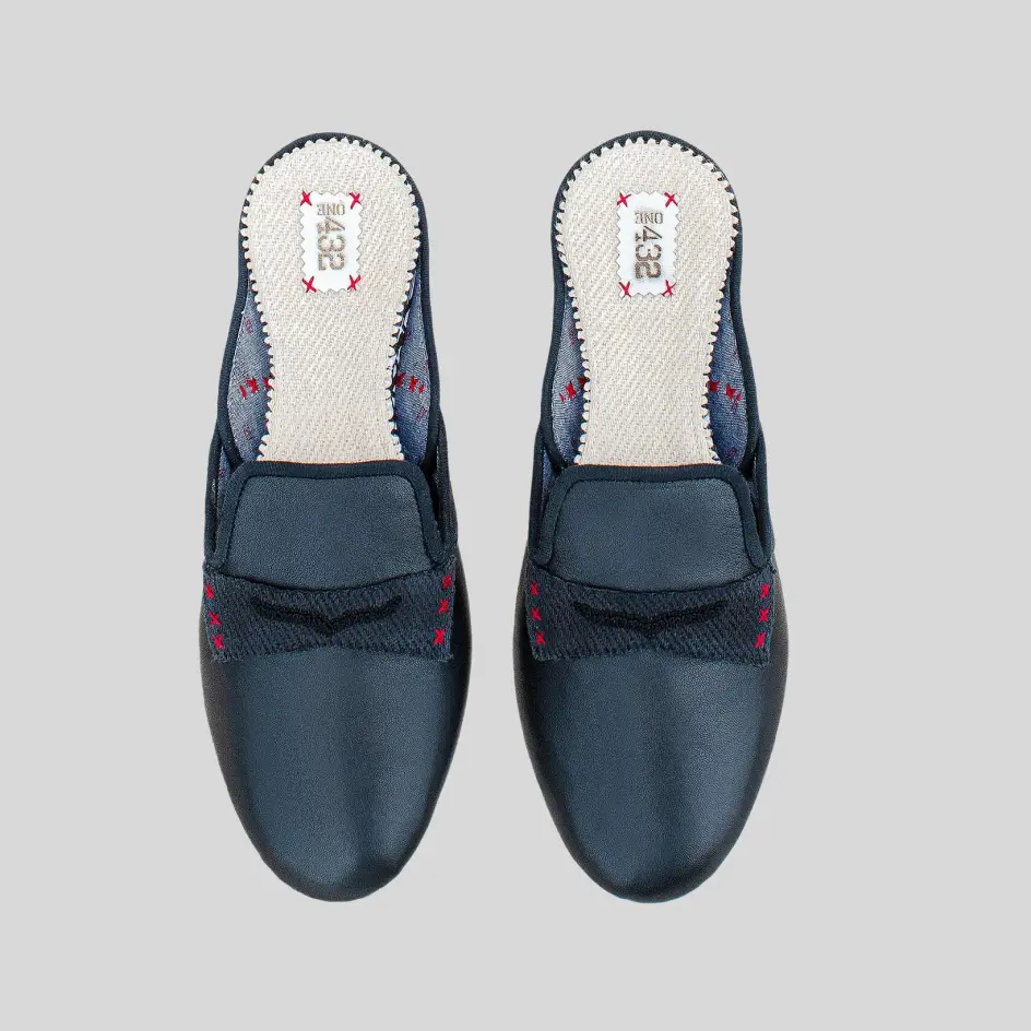 Leather slippers with intricate embroidery, showcasing finely stitched patterns or monograms that add a touch of craftsmanship and personalization.