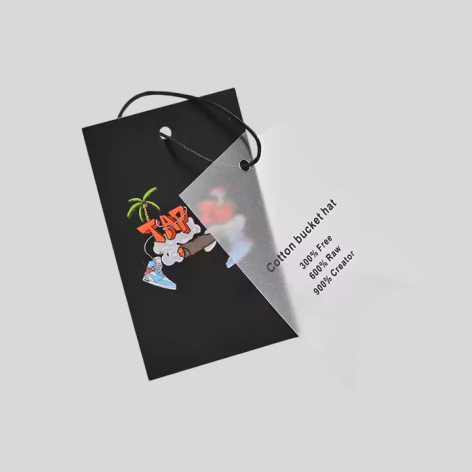 A thoughtfully designed hang tag with clear branding and product details, enhancing the professional and stylish appeal of the slippers.