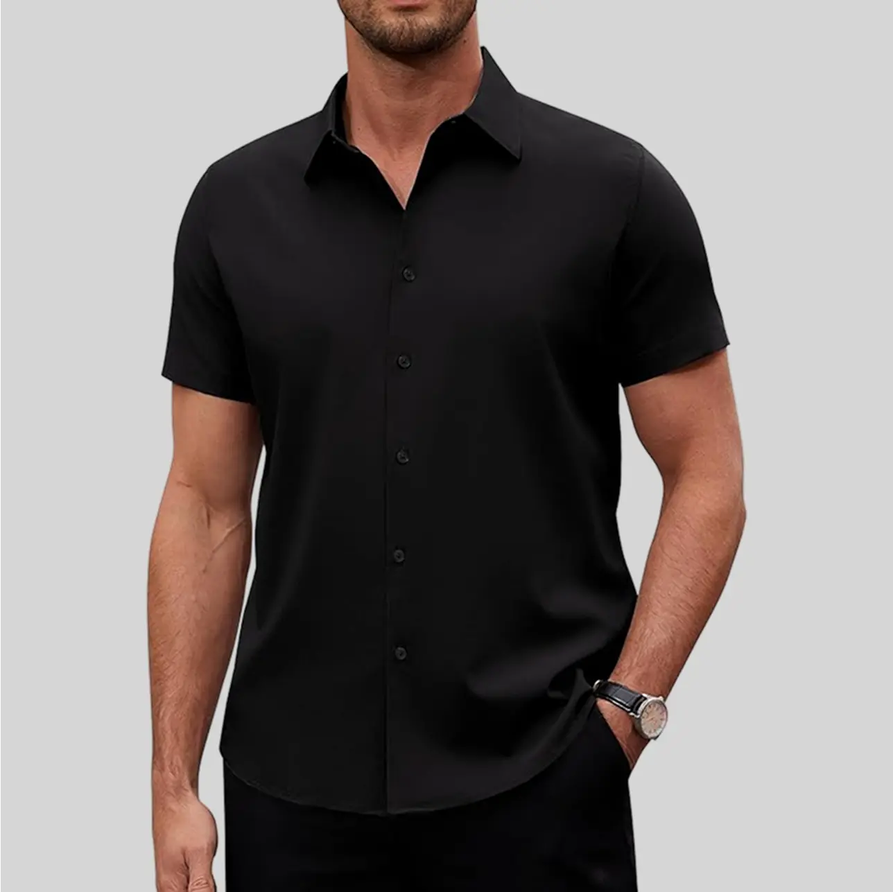 A short sleeve performance fishing shirt in sleek black, featuring moisture-wicking fabric and a breathable design for comfort during long fishing trips.