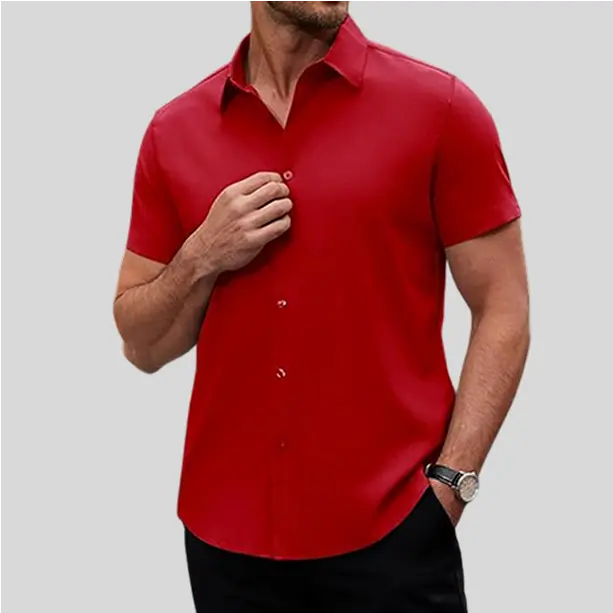 A short sleeve performance fishing shirt in a rich red wine color, offering UPF protection and lightweight fabric for all-day wear on the water.