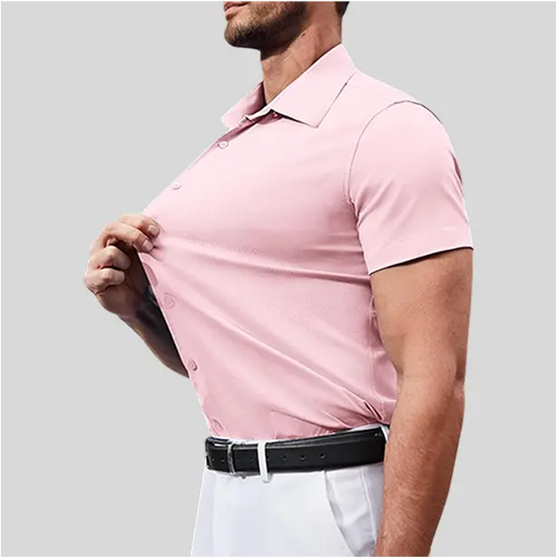 A short sleeve performance fishing shirt in soft light pink, providing a stylish yet functional design with sun protection and moisture control.