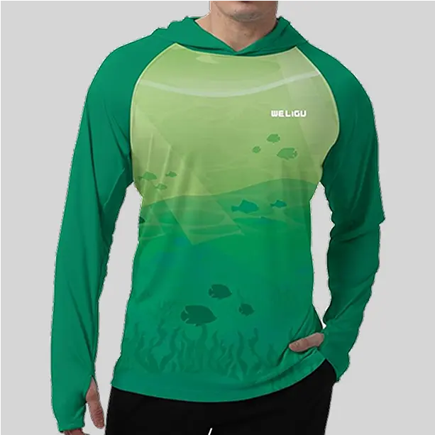 A hooded fishing shirt in various shades of green, designed to blend with nature, offering a stylish and practical look for fishing enthusiasts.