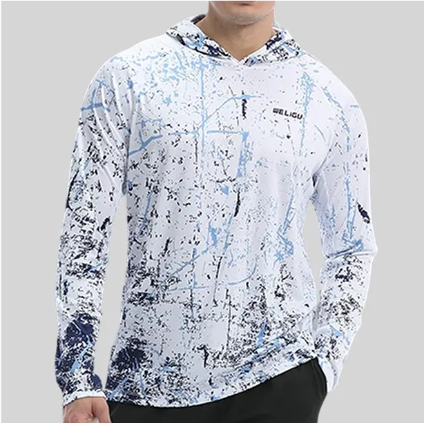 A hooded fishing shirt with a dynamic splash of paint design, featuring bold and abstract strokes for a modern and eye-catching aesthetic.