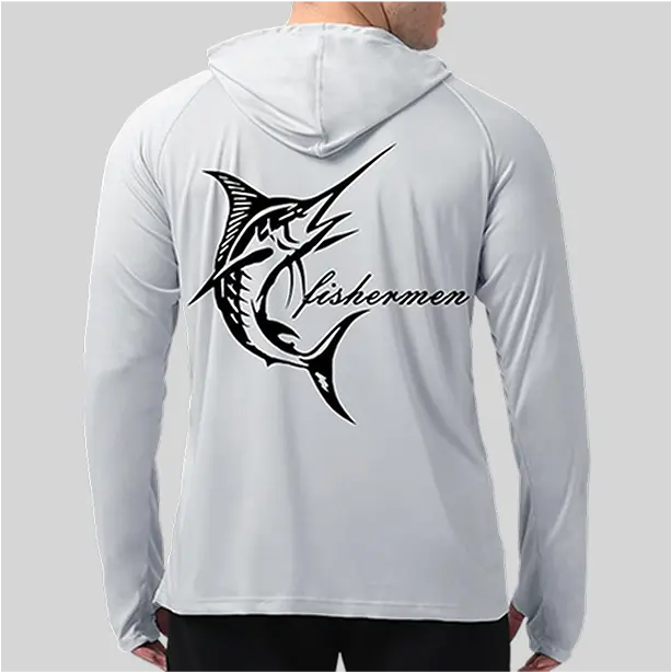 A hooded fishing shirt showcasing a custom logo on the back, adding a personalized branding element to the breathable and performance-driven fabric.