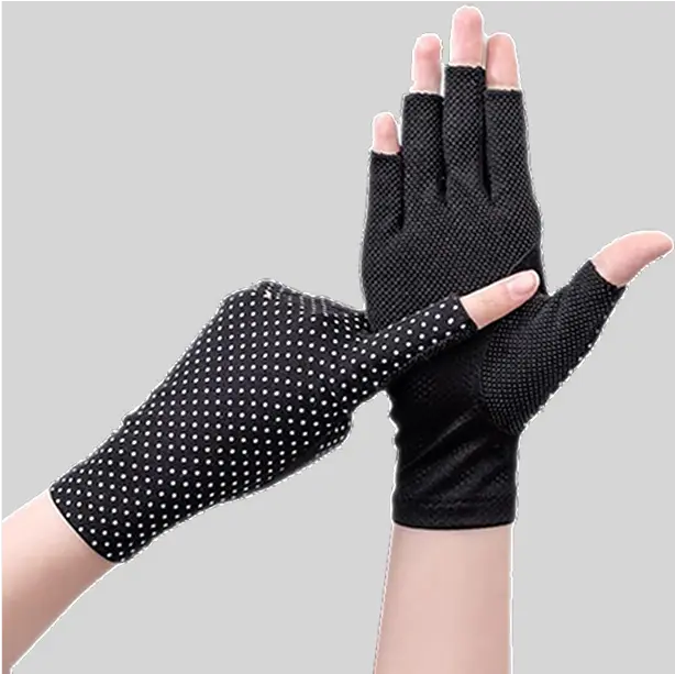 Lightweight fingerless gloves with UV protection, featuring reinforced palms for improved durability and comfort.