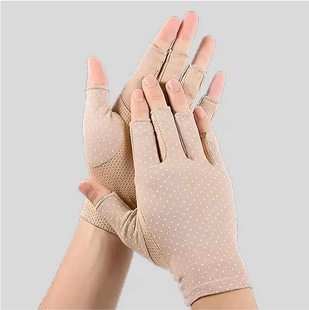 Fingerless gloves with moisture-wicking fabric and UV-blocking properties, ensuring sun safety and all-day wearability.