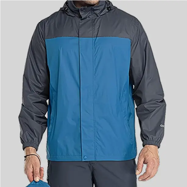 Breathable waterproof jacket with a hood, offering protection from rain and wind while maintaining comfort.