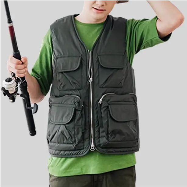 Adjustable insulated fishing vest with a high collar, offering extra warmth and wind resistance on cold fishing days.