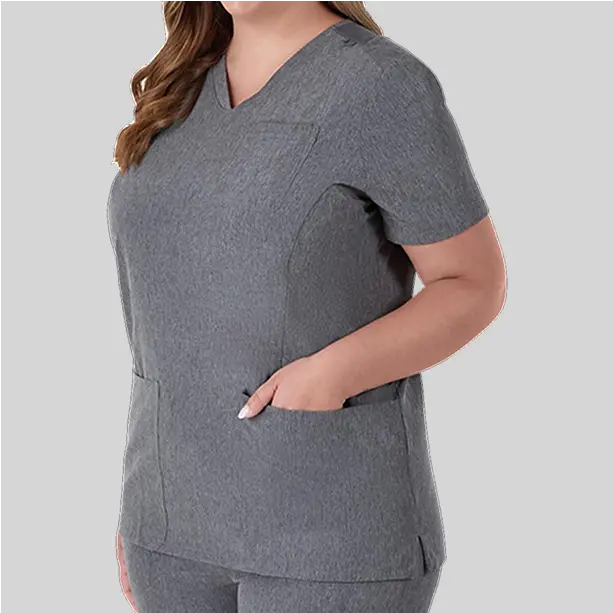 A V-neck scrub top with a relaxed fit, featuring multiple pockets for convenient storage of medical essentials.