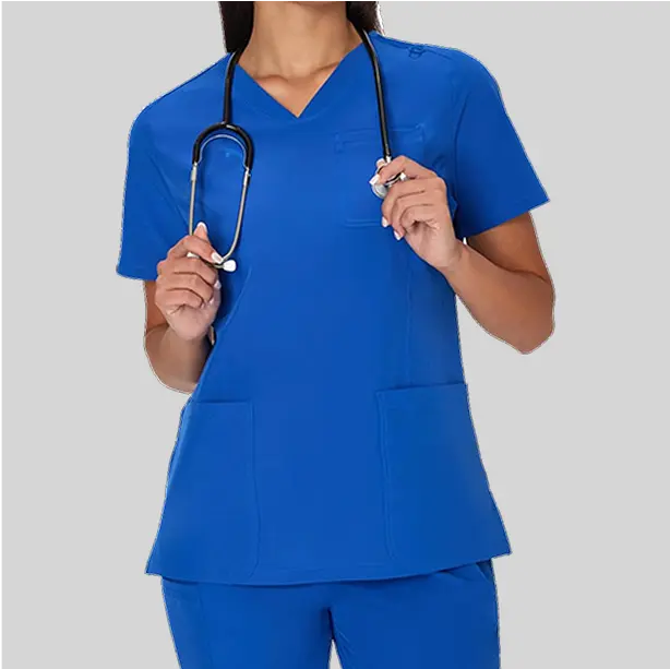 A unisex scrub top with reinforced stitching, providing durability and a polished look for healthcare professionals.