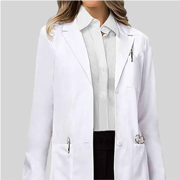 A stylish fitted lab coat with a tailored silhouette, combining elegance and practicality in a healthcare setting.