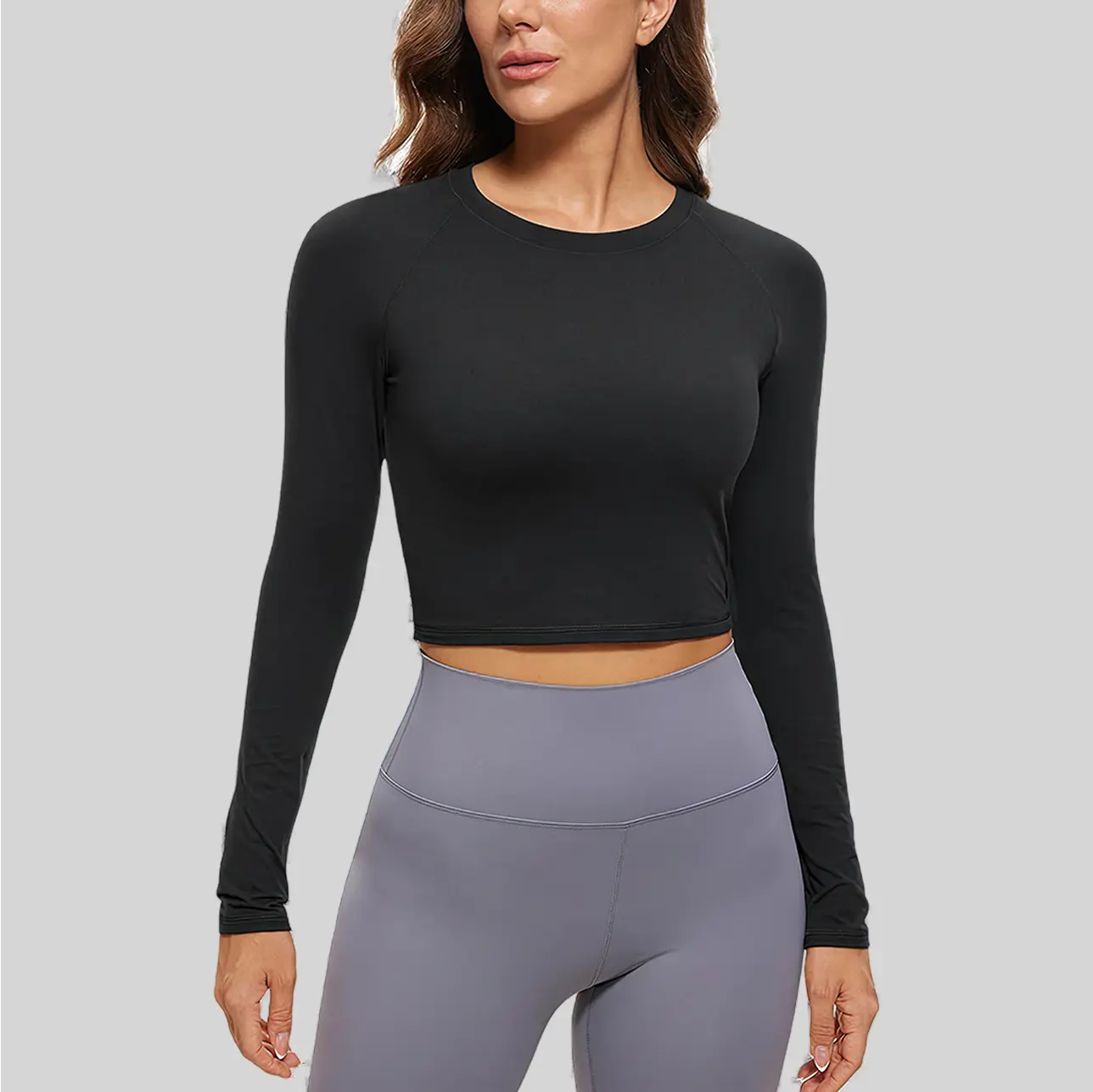 A lightweight long sleeve yoga top with moisture-wicking properties, perfect for warm-ups and cool-downs.