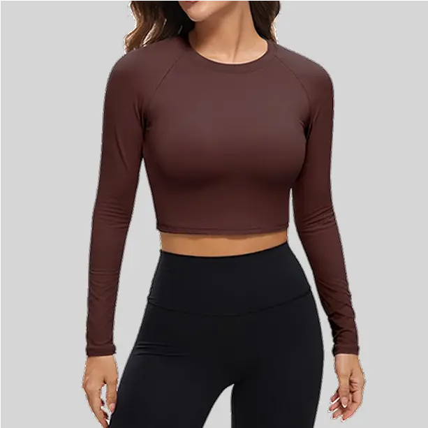 A fitted long sleeve yoga top with thumbholes, providing a secure and comfortable fit.