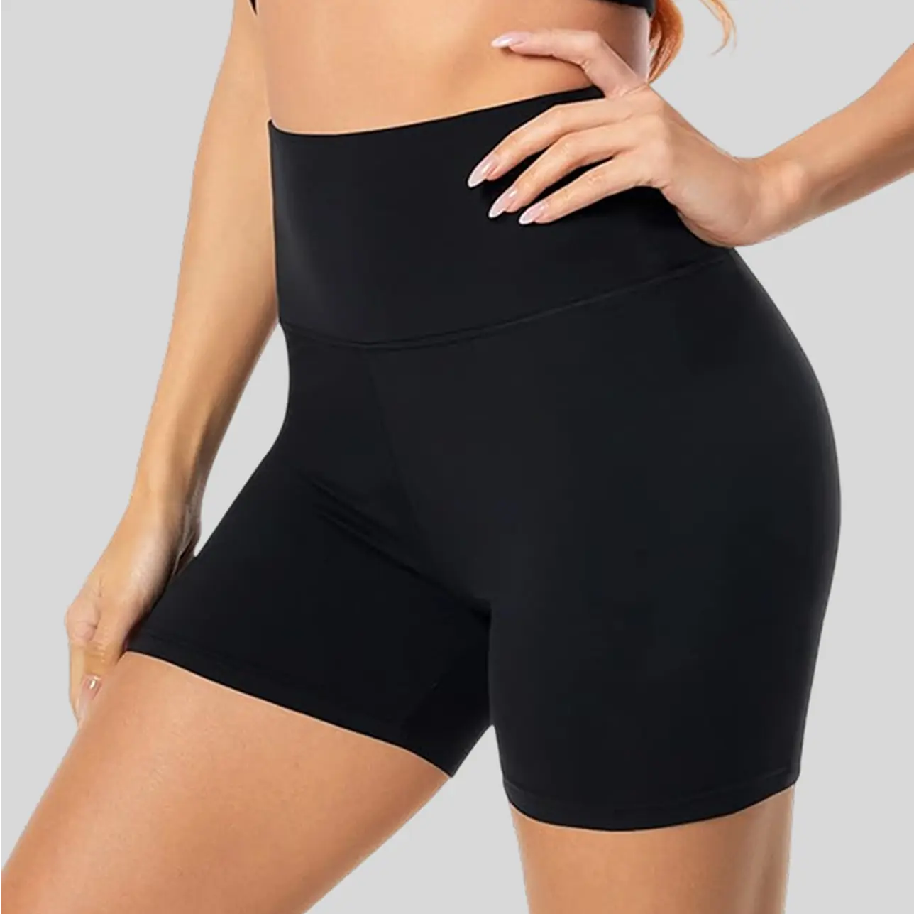 A high-waisted yoga short with a buttery-soft feel, ensuring comfort and coverage.