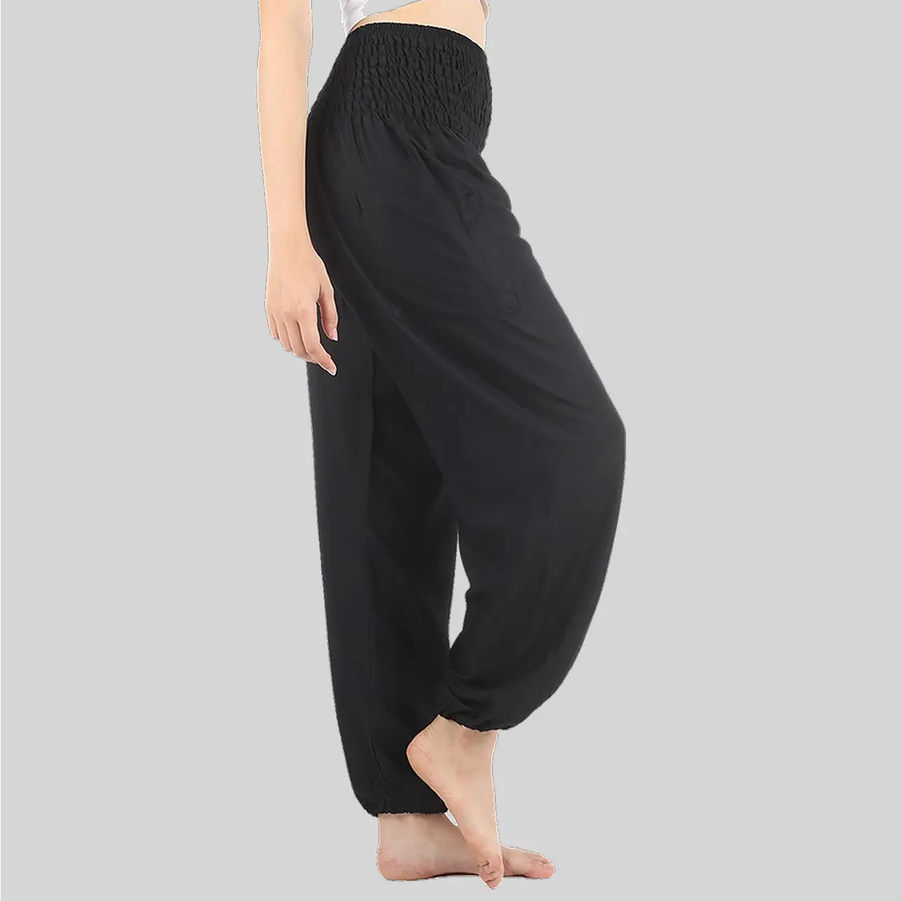 A flowy harem yoga pant with a relaxed fit, perfect for comfort and ease of movement.