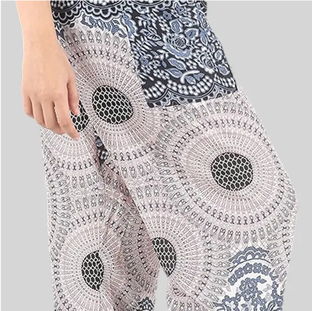 A bohemian-style harem yoga pant with intricate patterns, blending fashion with function.