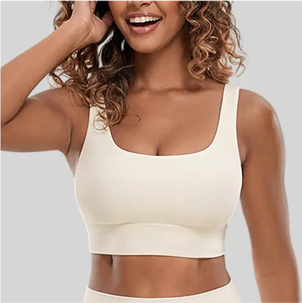 A racerback sports bra with breathable mesh panels, offering extra ventilation.