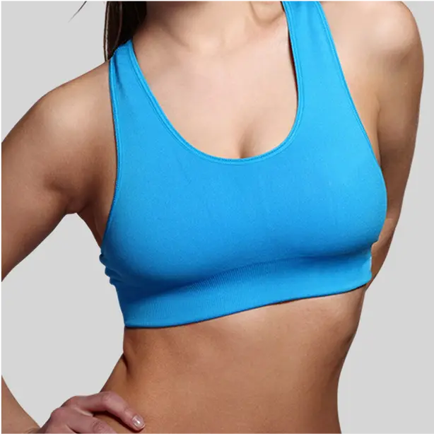 A scoop-neck sports bra with a stretchable band, ensuring comfort and stability.