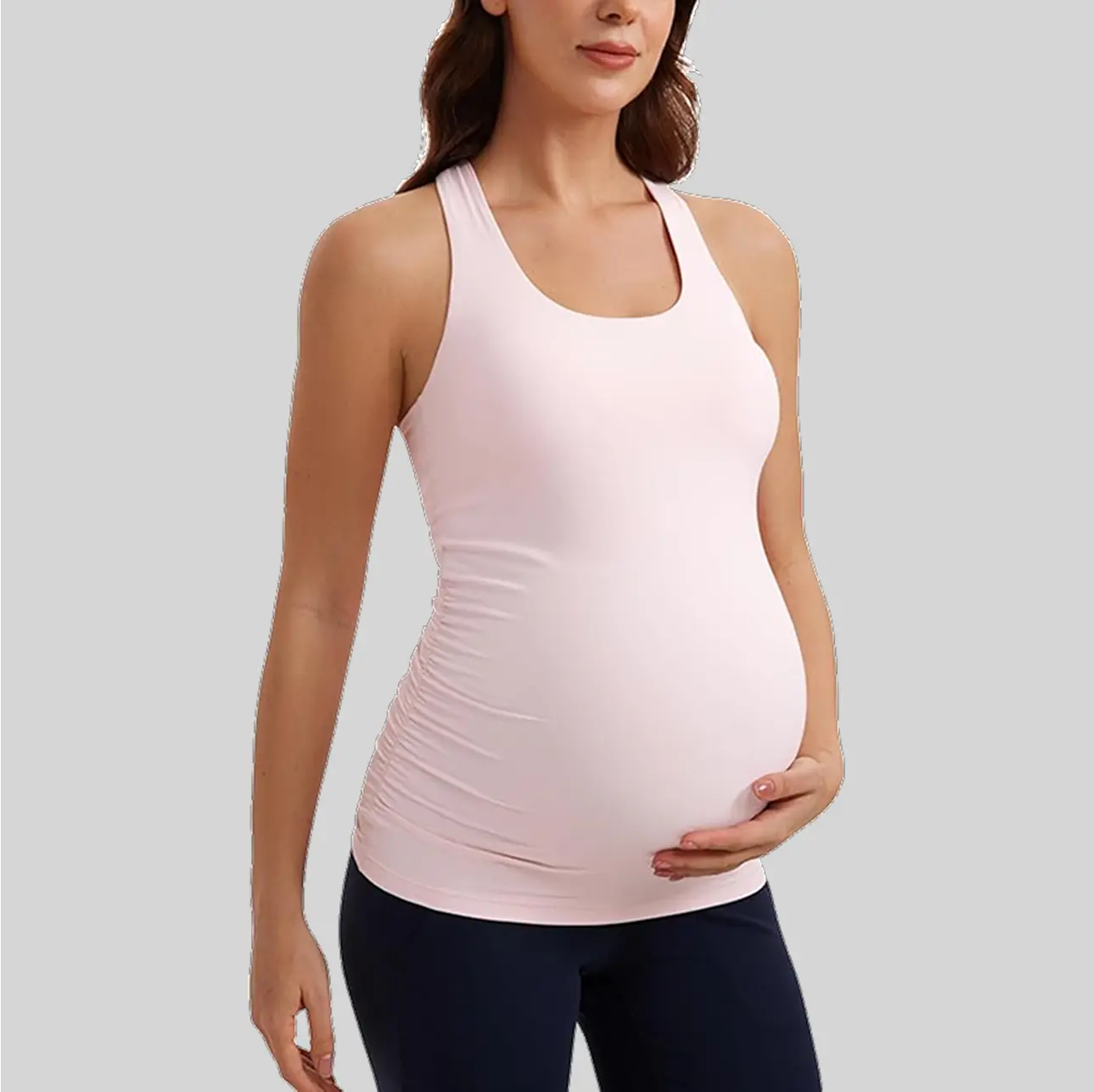 A soft maternity yoga legging with an over-the-bump waistband, providing gentle support.