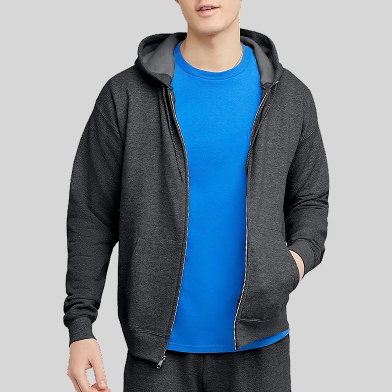 A full-zip yoga hoodie with a slim fit, providing warmth without bulk.