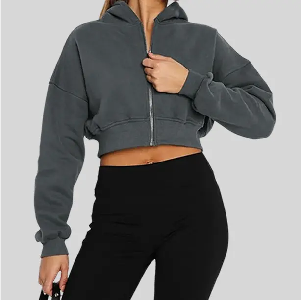 A breathable cropped yoga hoodie with a drawstring hood, adding a casual and sporty vibe.