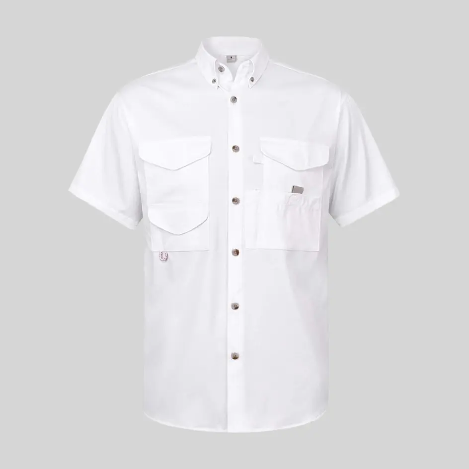 A white short-sleeve performance fishing shirt, offering a clean and classic look with a lightweight, breathable feel.