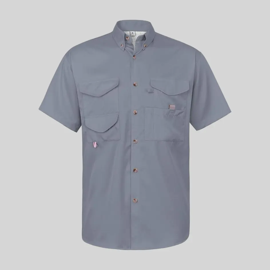 A light grey short-sleeve performance fishing shirt, blending a neutral tone with moisture-wicking properties for long fishing days.