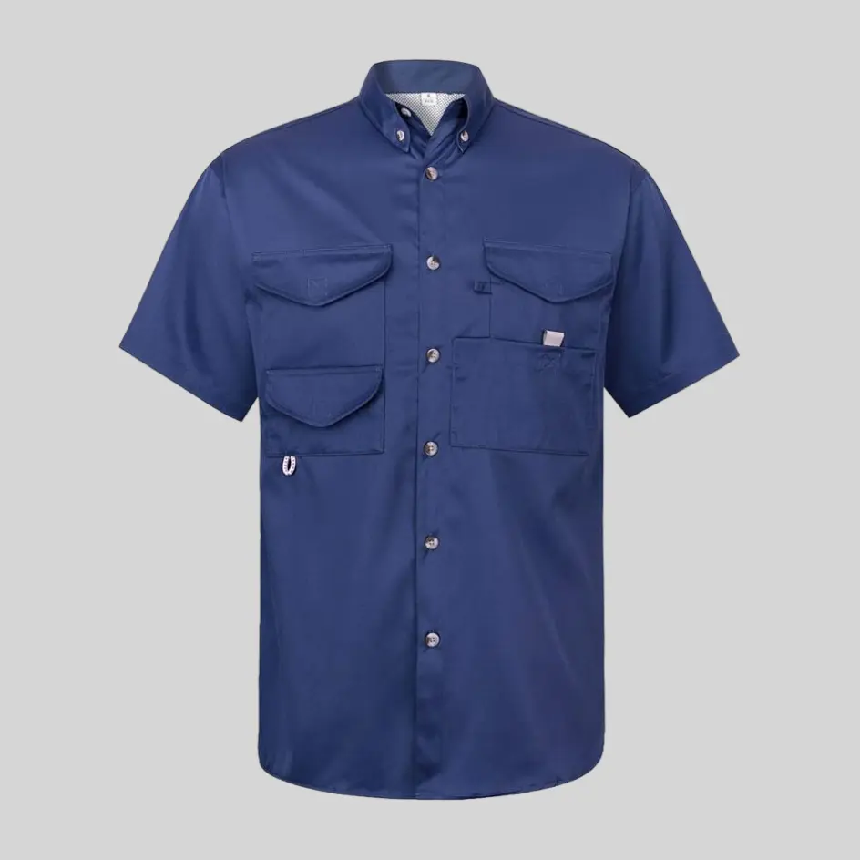 A navy short-sleeve performance fishing shirt, delivering a deep, rich color with UV protection for ultimate sun defense.