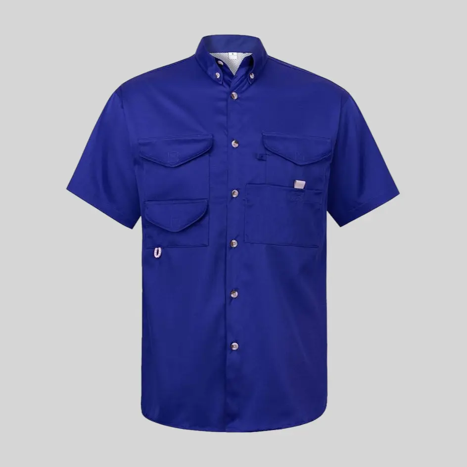 A royal blue short-sleeve performance fishing shirt, featuring a bold and vibrant color with breathable fabric for cool comfort.