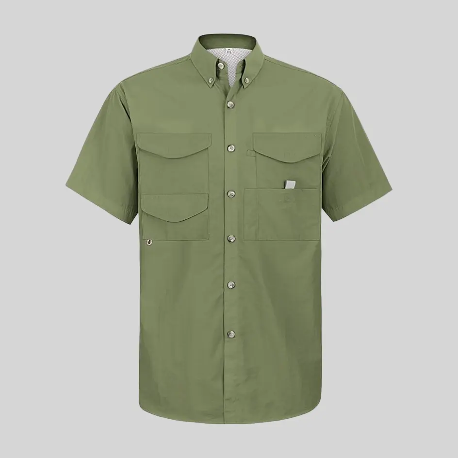 An electric green short-sleeve performance fishing shirt, adding a bright and energetic touch while maintaining lightweight wearability.