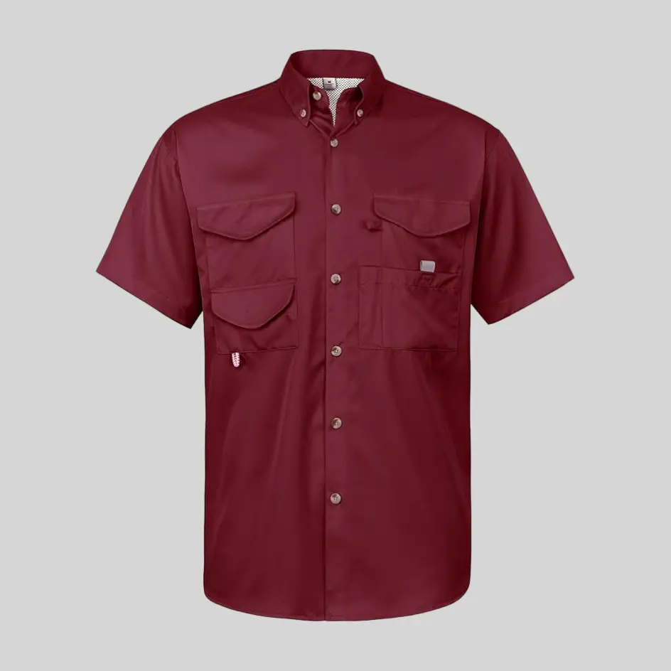 A burgundy short-sleeve performance fishing shirt, offering a rich and distinctive shade combined with high-performance fabric.