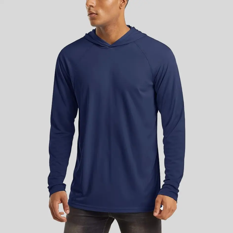 A navy hooded fishing shirt, providing a deep blue hue for a sleek and stylish fishing apparel choice.