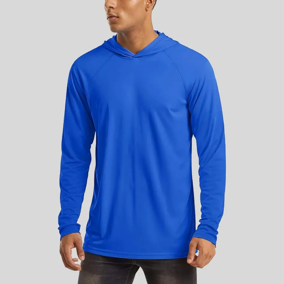 A royal blue hooded fishing shirt, designed with a vibrant blue shade for a standout appearance on the water.