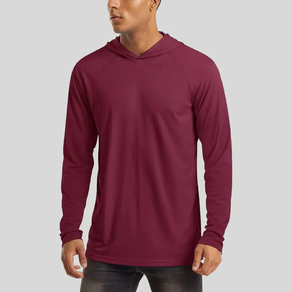 A burgundy hooded fishing shirt, showcasing a rich and bold tone for a unique and stylish fishing wear option.