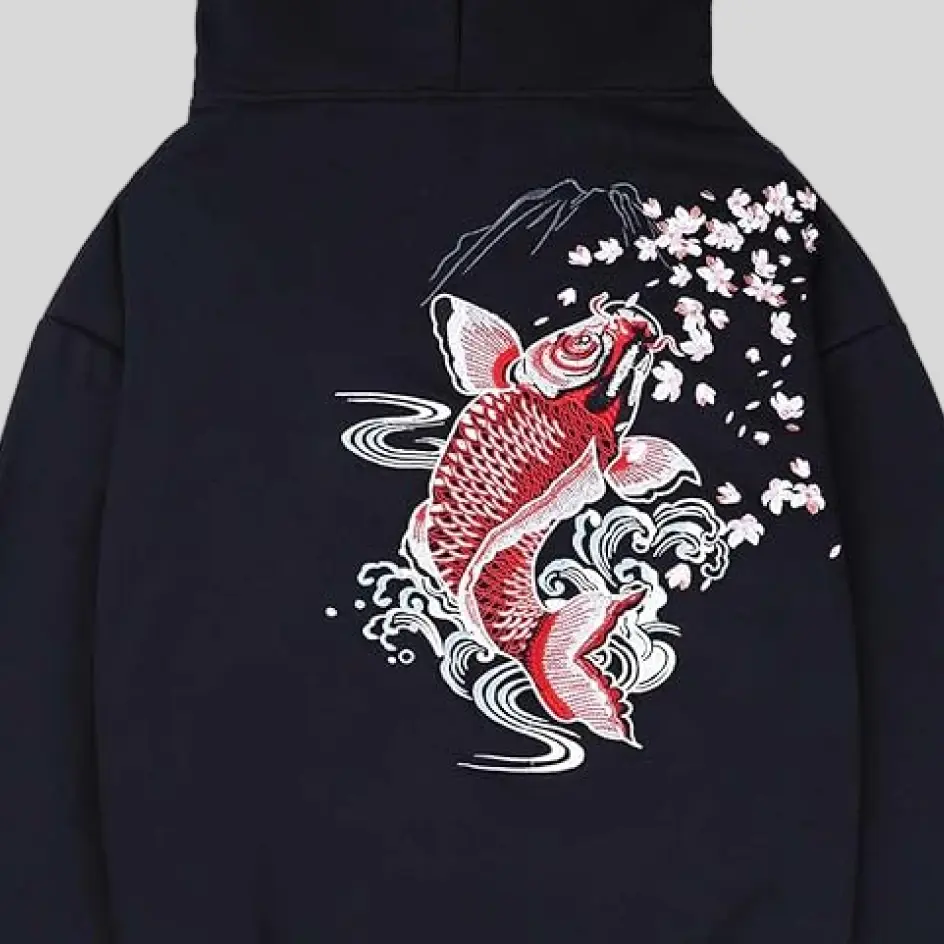 A hooded fishing shirt with embroidery, featuring finely stitched logos for a premium and durable branding touch.