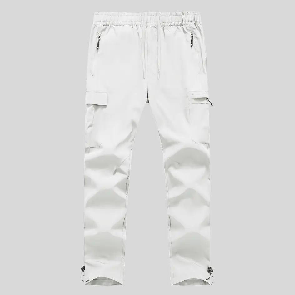 A crisp white pair of quick-dry cargo pants, offering a clean and versatile look for fishing and outdoor adventures.