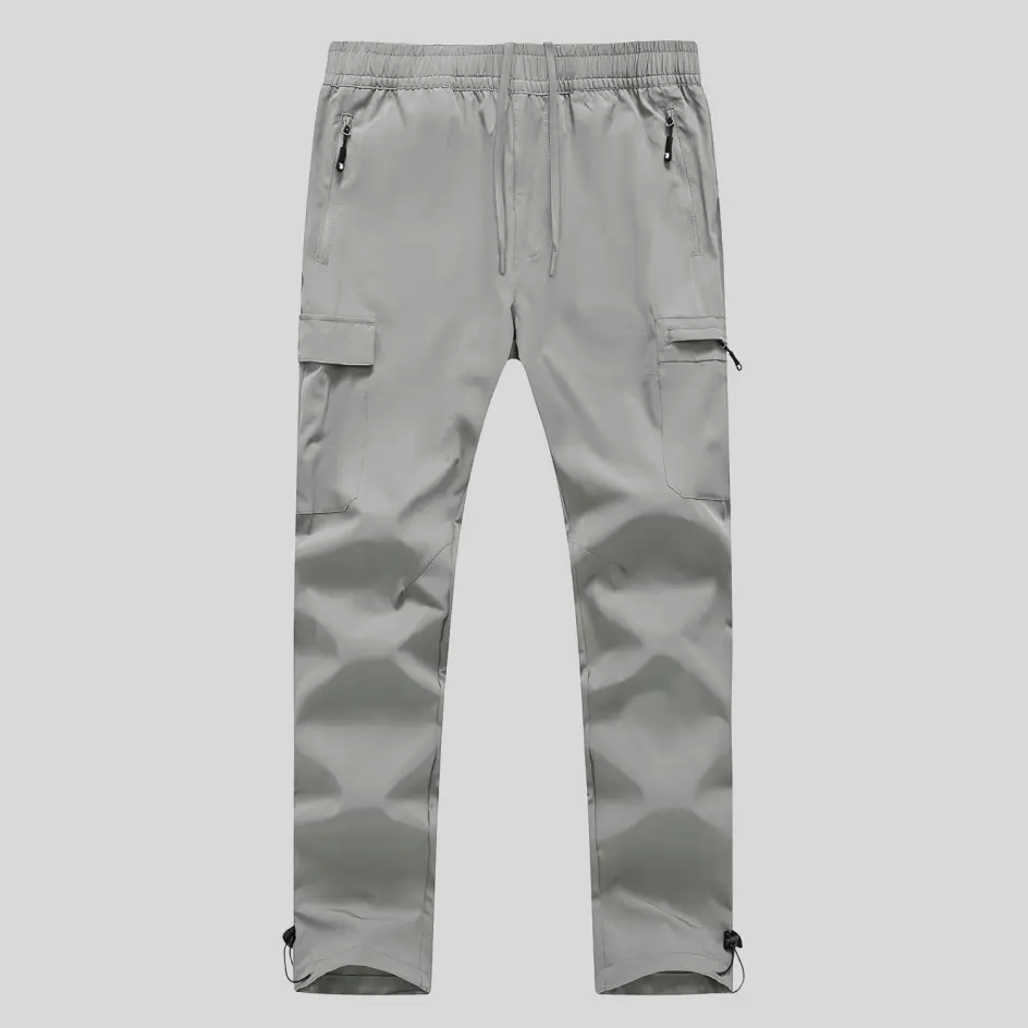 A light grey quick-dry cargo pant designed for a neutral and sophisticated style with functional moisture-wicking properties.